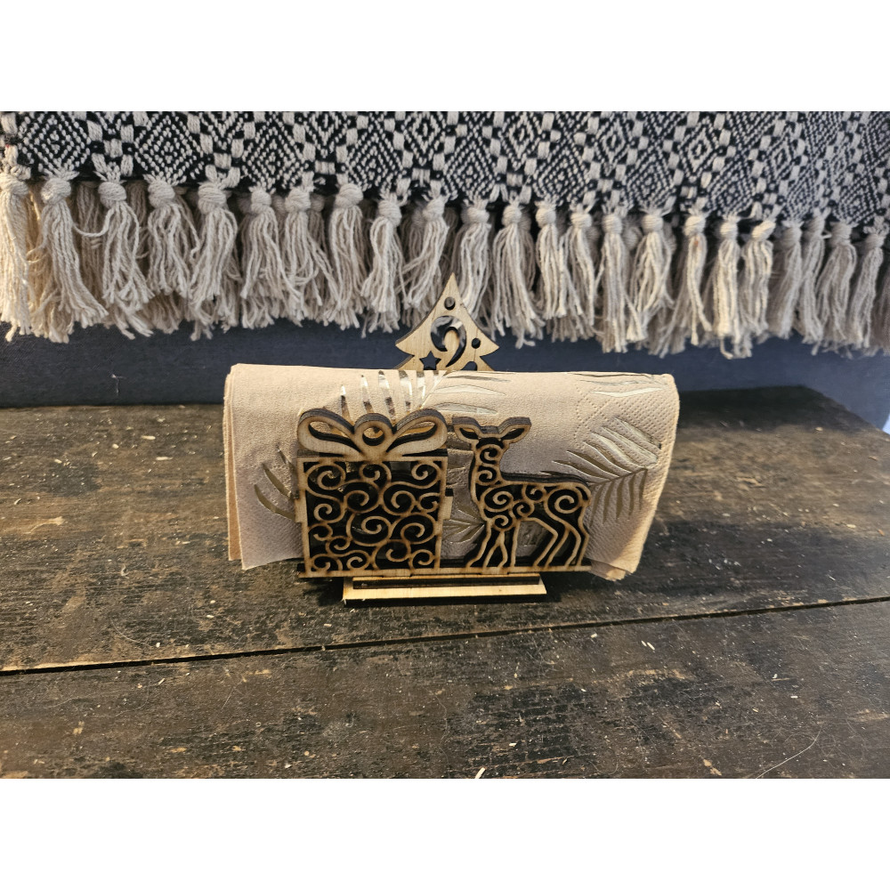 Porte serviettes de noel en bois clair Sapin et bambi