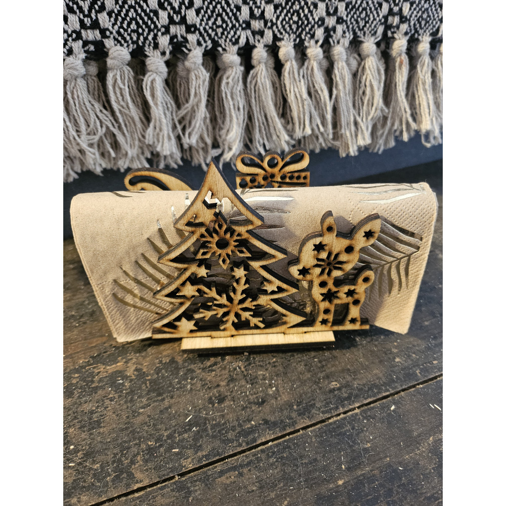 Porte serviettes de noel en bois clair Sapin et bambi