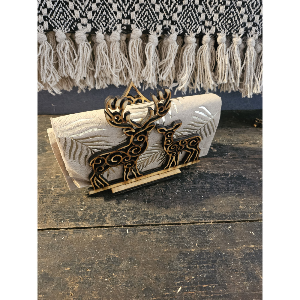 Porte serviettes de noel en bois clair Sapin et cerfs