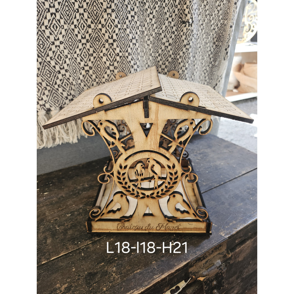 Mangeoire à oiseaux, bois naturel, baroque (petit modèle)